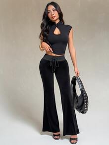 SHEIN PETITE Sexy Letter Rhinestone Low Waist Long Pants - Black - View 6