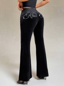 SHEIN PETITE Sexy Letter Rhinestone Low Waist Long Pants - Black - View 2