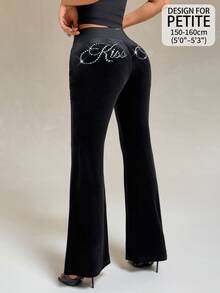 SHEIN PETITE Sexy Letter Rhinestone Low Waist Long Pants - Black - View 7