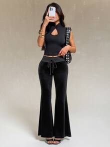 SHEIN PETITE Sexy Letter Rhinestone Low Waist Long Pants - Black - View 5