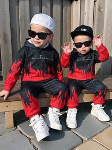 SHEIN 2pcs Kids Tween Boy Casual Sports Streetwear Gradient Pattern Pullover Sweatshirt Pullover Sweatshirt & Long Pants Set, Suitable For Commuting, School, Daily Casual Outings, Sports, Autumn/Winter - Red - View 5