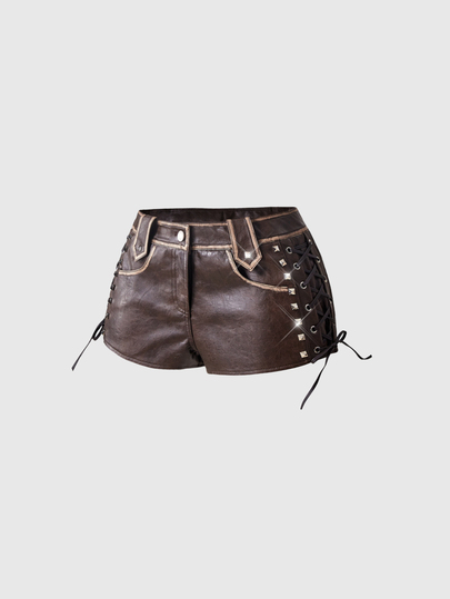 Autumn/Winter Y2K Hot Girl Vintage Hippie Mini Versatile Rivet Decor PU Low Waist Women's Shorts