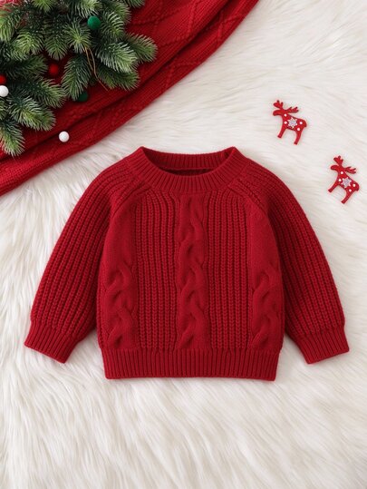 SHEIN Suéteres para niñas bebé rojo Navidad Año Nuevo Otoño/Invierno Cuello redondo Pullover Top unicolor Minimalista Casual Uso diario Adecuado para bebés y niños pequeños Salidas Viajes Cómodo para vacaciones