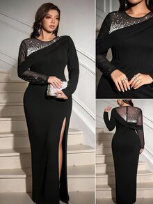 Reflora Plus Size Round Neck Long Sleeve Lace Rhinestone Split Hem Dress New Year Party Evening Night Black Fall Elegant Sexy - Black - View 8