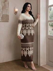 Modelyn Plus Size Elegant Contrast Color Geometric Pattern Knit Dress, Autumn/Winter - Multicolor - View 3