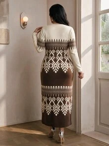 Modelyn Plus Size Elegant Contrast Color Geometric Pattern Knit Dress, Autumn/Winter - Multicolor - View 2