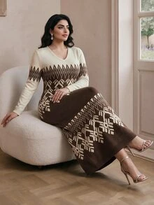 Modelyn Plus Size Elegant Contrast Color Geometric Pattern Knit Dress, Autumn/Winter - Multicolor - View 7