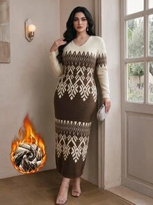Modelyn Plus Size Elegant Contrast Color Geometric Pattern Knit Dress, Autumn/Winter - Multicolor - View 1