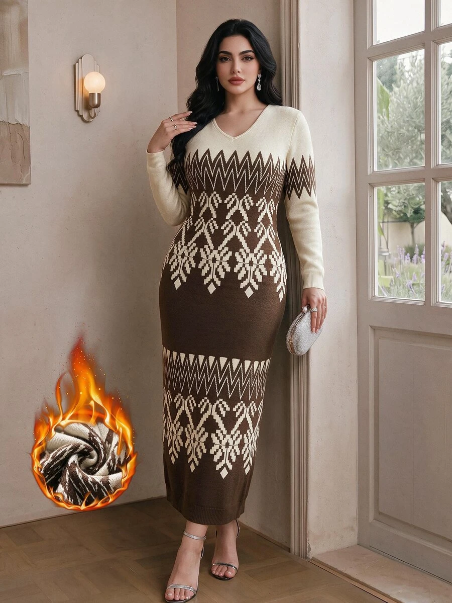 Modelyn Plus Size Elegant Contrast Color Geometric Pattern Knit Dress, Autumn/Winter - Multicolor - View 1