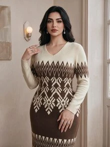 Modelyn Plus Size Elegant Contrast Color Geometric Pattern Knit Dress, Autumn/Winter - Multicolor - View 6