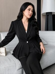 Feyla 大尺碼女款休閒商務純色修身西裝外套，秋冬套裝西裝外套 - 黑色 - 查看 1