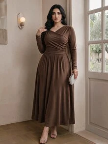 Modelyn Đầm nữ size lớn thanh lịch cổ lệch vạt xếp ly tay dài - Cà phê nâu - Xem 4