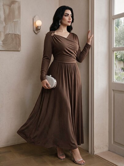 Modelyn Plus Size Women's Elegant Asymmetrical Overlap Neckline Pleated Design Long Sleeve Dress