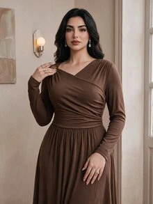 Modelyn Đầm nữ size lớn thanh lịch cổ lệch vạt xếp ly tay dài - Cà phê nâu - Xem 6