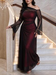 Modelyn Plus Size Elegant Sexy Asymmetrical Neckline Mesh Long Sleeve Dress - Black - View 5