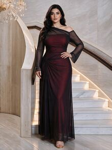 Modelyn Plus Size Elegant Sexy Asymmetrical Neckline Mesh Long Sleeve Dress - Black - View 4
