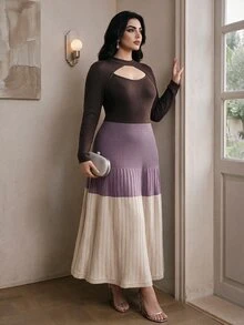 Modelyn Plus Size Women's Colorblock Long Sleeve Hollow Out Round Neck Knit Dress, Autumn/Winter - Multicolor - View 6