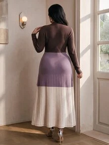Modelyn Plus Size Women's Colorblock Long Sleeve Hollow Out Round Neck Knit Dress, Autumn/Winter - Multicolor - View 2
