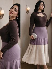 Modelyn Plus Size Women's Colorblock Long Sleeve Hollow Out Round Neck Knit Dress, Autumn/Winter - Multicolor - View 7