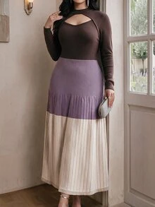 Modelyn Plus Size Women's Colorblock Long Sleeve Hollow Out Round Neck Knit Dress, Autumn/Winter - Multicolor - View 3