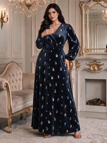 Modelyn Plus Size Women's Floral V-Neck Long Sleeve Elegant Dress - Multicolor - View 6