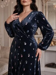 Modelyn Plus Size Women's Floral V-Neck Long Sleeve Elegant Dress - Multicolor - View 3