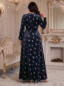 Modelyn Plus Size Women's Floral V-Neck Long Sleeve Elegant Dress - Multicolor - View 2