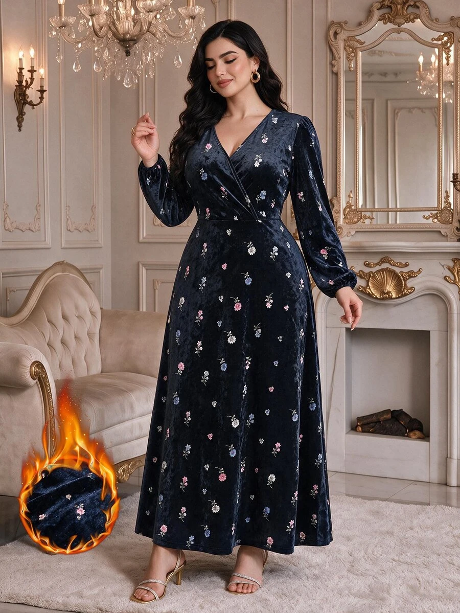 Modelyn Plus Size Women's Floral V-Neck Long Sleeve Elegant Dress - Multicolor - View 1