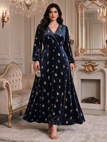 Modelyn Plus Size Women's Floral V-Neck Long Sleeve Elegant Dress - Multicolor - View 5