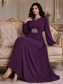 Modelyn Plus Size Elegant Party Rhinestone Decorated Dress Fall - Purple - View 7