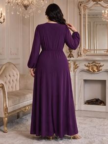 Modelyn Plus Size Elegant Party Rhinestone Decorated Dress Fall - Purple - View 2