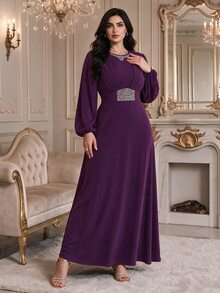 Modelyn Plus Size Elegant Party Rhinestone Decorated Dress Fall - Purple - View 5