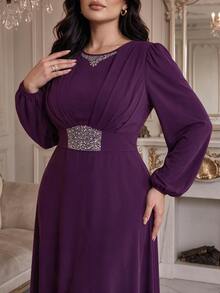 Modelyn Plus Size Elegant Party Rhinestone Decorated Dress Fall - Purple - View 3