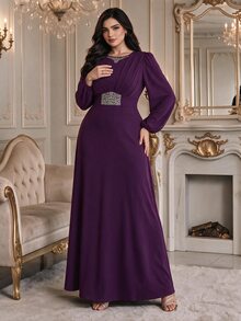 Modelyn Plus Size Elegant Party Rhinestone Decorated Dress Fall - Purple - View 6