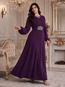 Modelyn Plus Size Elegant Party Rhinestone Decorated Dress Fall - Purple - View 4