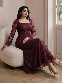 Modelyn Plus Size Women Lace Patchwork Pleated Elegant Waist-Cinching Party Dress - Burgundy - View 6