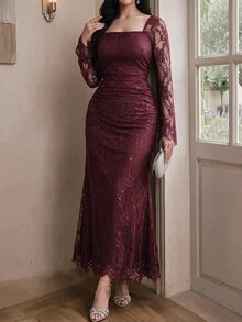 Modelyn Plus Size Women Lace Patchwork Pleated Elegant Waist-Cinching Party Dress - Burgundy - View 7