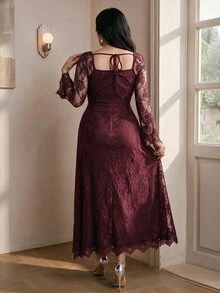 Modelyn Plus Size Women Lace Patchwork Pleated Elegant Waist-Cinching Party Dress - Burgundy - View 2
