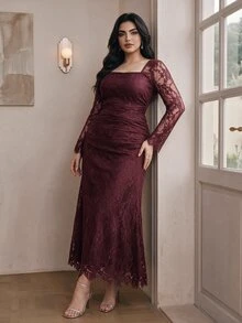 Modelyn Plus Size Women Lace Patchwork Pleated Elegant Waist-Cinching Party Dress - Burgundy - View 5