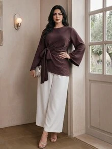 Modelyn 大尺碼女款純色領結設計時尚百搭日常休閒優雅襯衫，適合晚餐、辦公、秋季穿搭 - 咖啡棕 - 查看 3