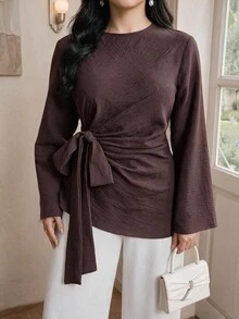 Modelyn 大尺碼女款純色領結設計時尚百搭日常休閒優雅襯衫，適合晚餐、辦公、秋季穿搭 - 咖啡棕 - 查看 5