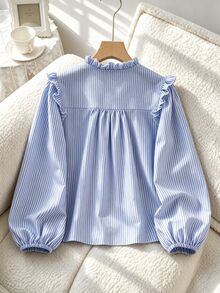 SHEIN Tween Girls Single Piece Elegant Cute Preppy Blue And White Stripe Full Button-Front Shirt, Ruffle Collar, Puff Sleeve, 3D Bow Decor, Fall School - Blue - View 3