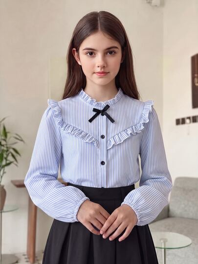 SHEIN Tween Girls Girls' Single Piece Elegant Striped Full Button-Front Shirt, Ruffle Collar, Puff Sleeve Design, 3D Bow Decor, Spring/Autumn Casual, Back T