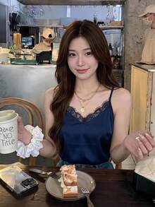 Serisse Contrast Lace Cami Top   Commute Minimalist Office Old Money  Simple Summer Casual Blue - Navy Blue - View 1