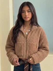 SHEIN 青少年女孩冬季外套，厚實淺棕色抓絨開襟連帽夾克，保暖柔軟舒適，適合秋冬街頭與校園穿著 - 卡其色 - 查看 5