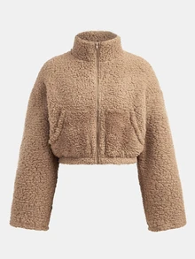 SHEIN 青少年女孩冬季外套，厚實淺棕色抓絨開襟連帽夾克，保暖柔軟舒適，適合秋冬街頭與校園穿著 - 卡其色 - 查看 3
