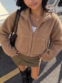 SHEIN 青少年女孩冬季外套，厚實淺棕色抓絨開襟連帽夾克，保暖柔軟舒適，適合秋冬街頭與校園穿著 - 卡其色 - 查看 4