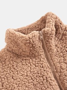 SHEIN 青少年女孩冬季外套，厚實淺棕色抓絨開襟連帽夾克，保暖柔軟舒適，適合秋冬街頭與校園穿著 - 卡其色 - 查看 6