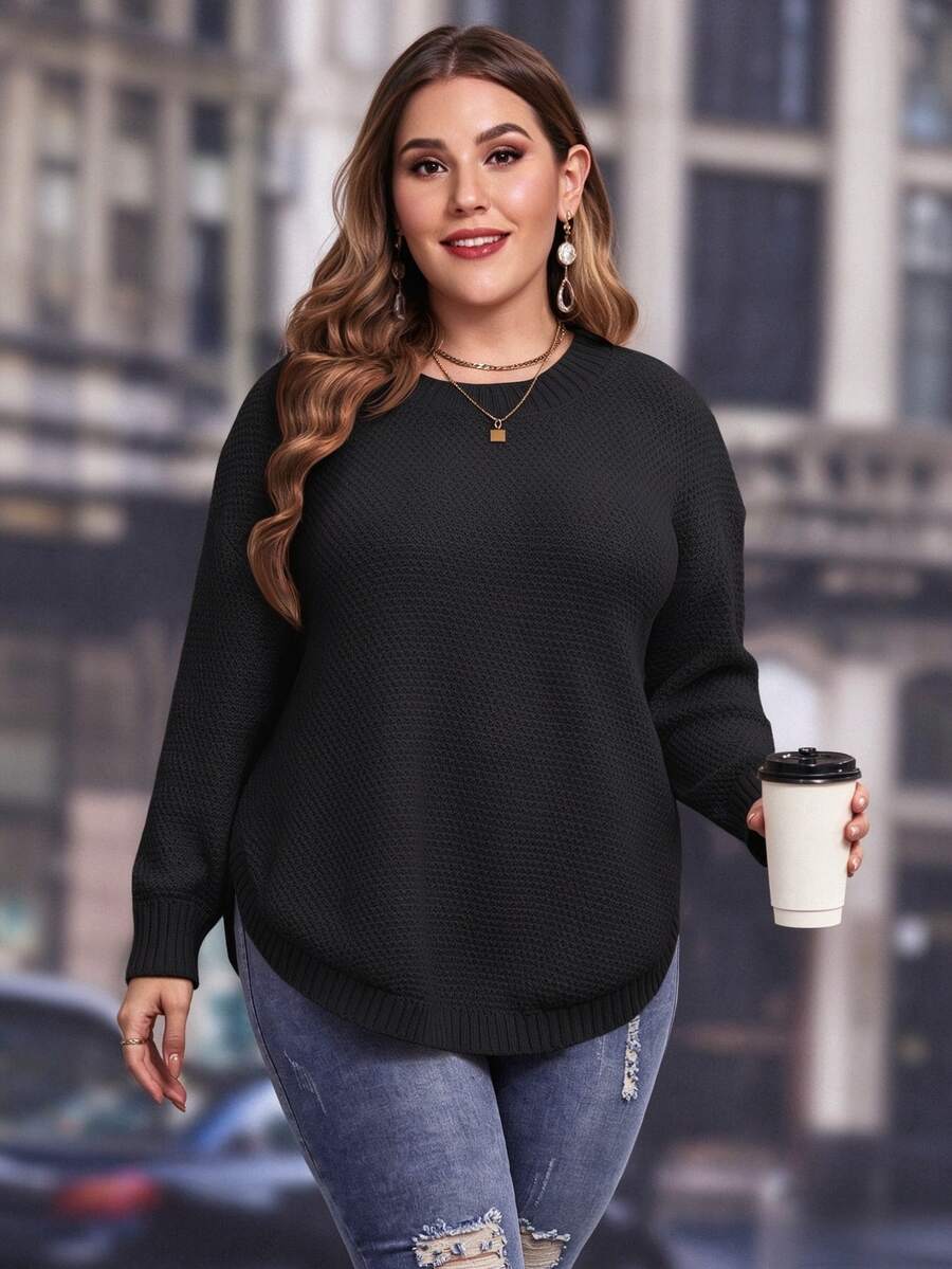 SHEIN LUNE Suéter de hombros caídos y bajo curvo talla grande, para suéter de punto de invierno, otoño - Negro - Ver 1