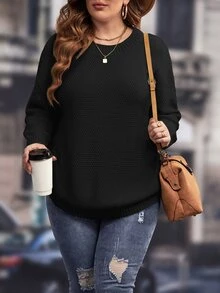 SHEIN LUNE Suéter de hombros caídos y bajo curvo talla grande, para suéter de punto de invierno, otoño - Negro - Ver 4